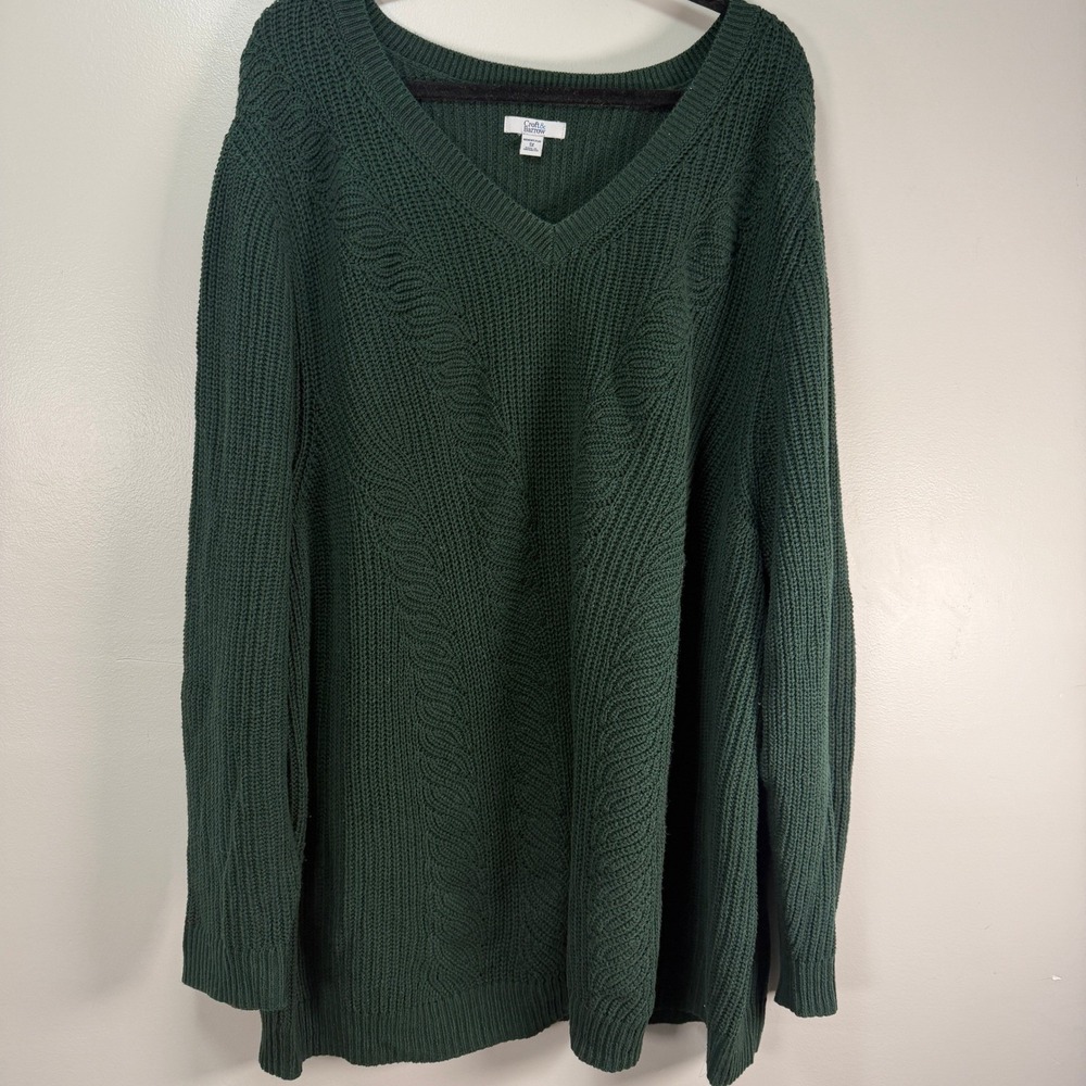 Croft & Barrow Womens Plus 3X Green V-Neck Cable Knit Cotton Blend Sweater